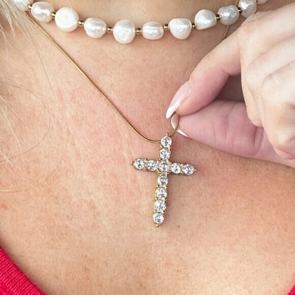 Gold Cross Necklace Waterproof CZ Diamond Pendant  Dainty Snake Chain WATERPROOF - Picture 13 of 14